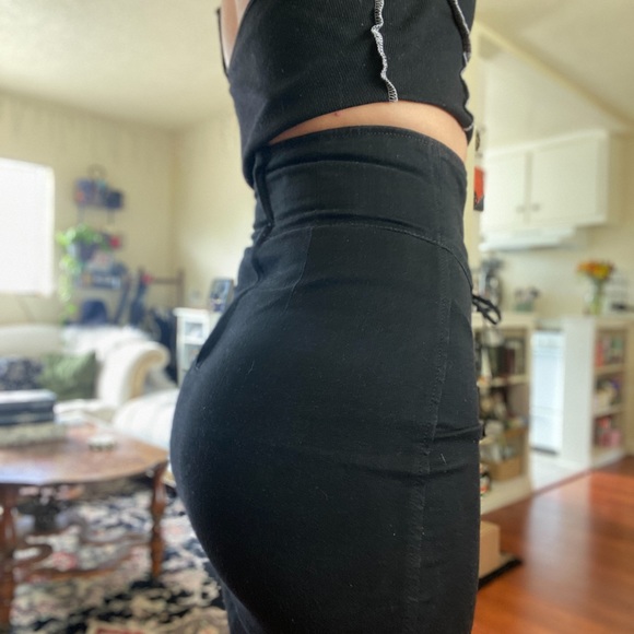 EXPRESS corset lace up mini denim skirt. Black, stretch denim, super high waist. - Picture 7 of 8